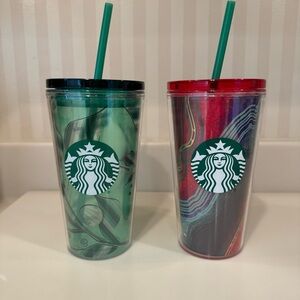 Two Starbucks 2021 16 Oz. Grande Cold Beverage Cups With Straws